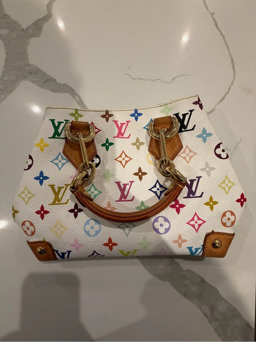 Louis Vuitton White Multicolor Monogram Satchel with Tan Handles - Picture 1 of 7